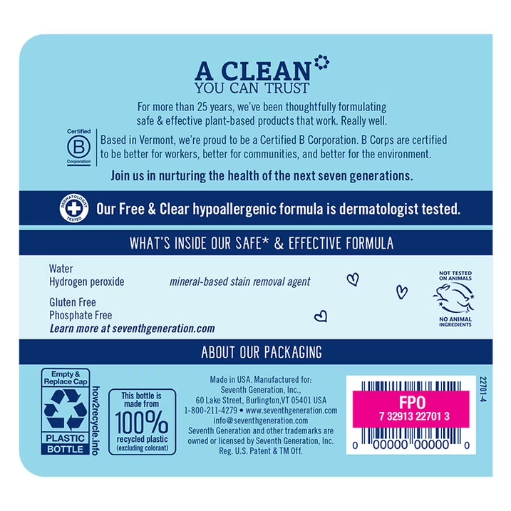 Seventh Generation Bleach 3-in-1 Stain Fighter | 64 fl oz | Free Shipping USA