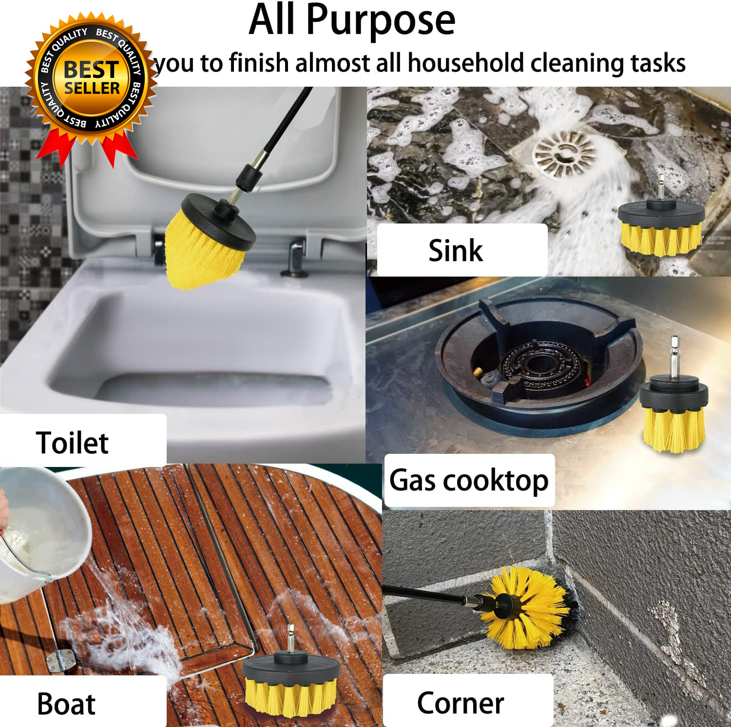 Drill Brush Attachment Set, 7 Pack 1/4In Power Scrubber Brush + Extend Long