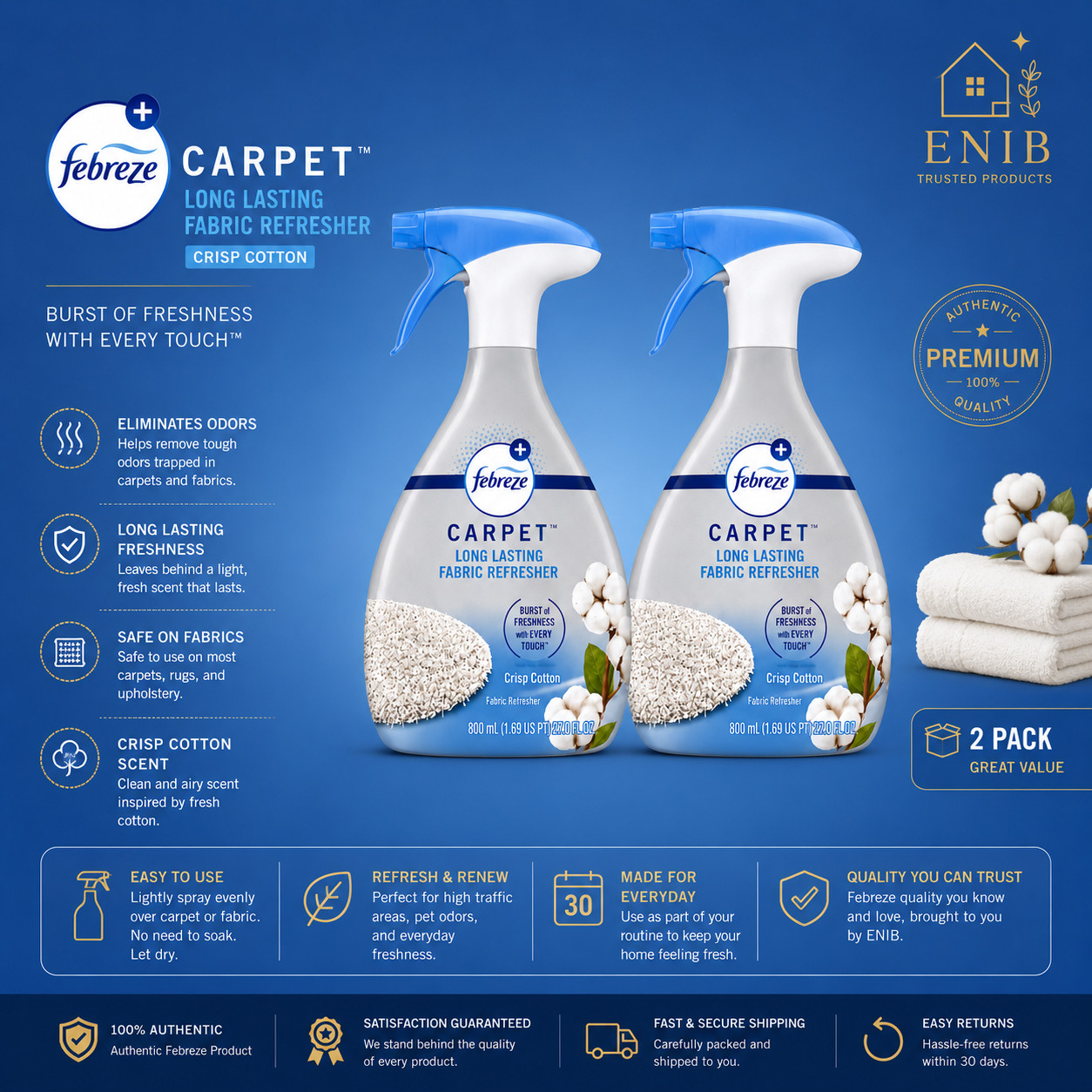 2 Pack Febreze Carpet Fabric Refresher Crisp Cotton Scent 16 oz Each Odor Elimin