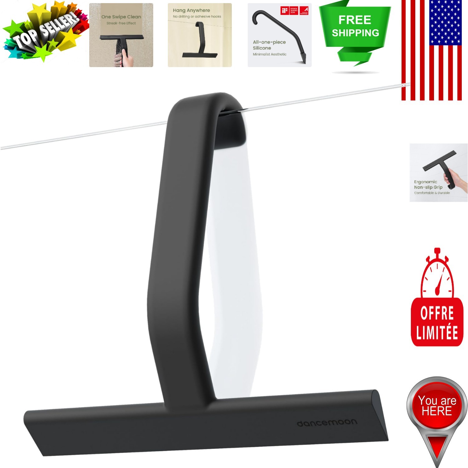 Modern Black Silicone Shower Squeegee with Built-in Hook – Streak-Free Guarantee
