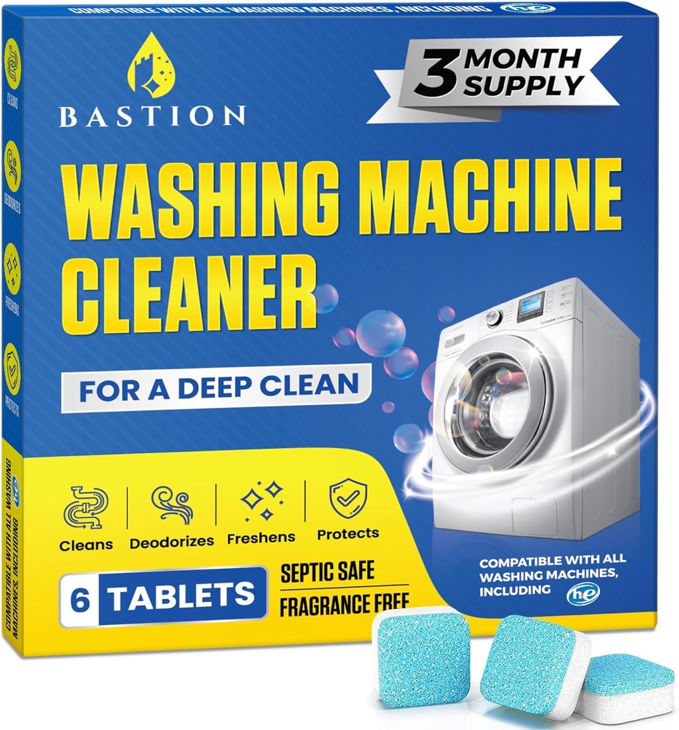 Bastion Washing Machine Cleaner Deodorizer Descaler Tablets 6 Pack 1 Year Suppl