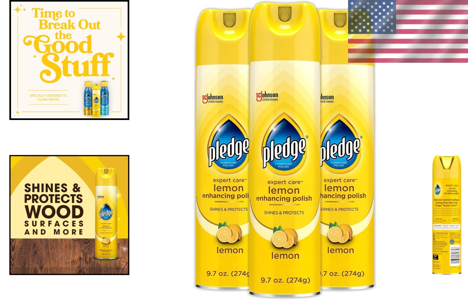 Pledge Enhancing Polish, Furniture & Wood Spray, Lemon Scent, 9.7oz (Pack of 3)