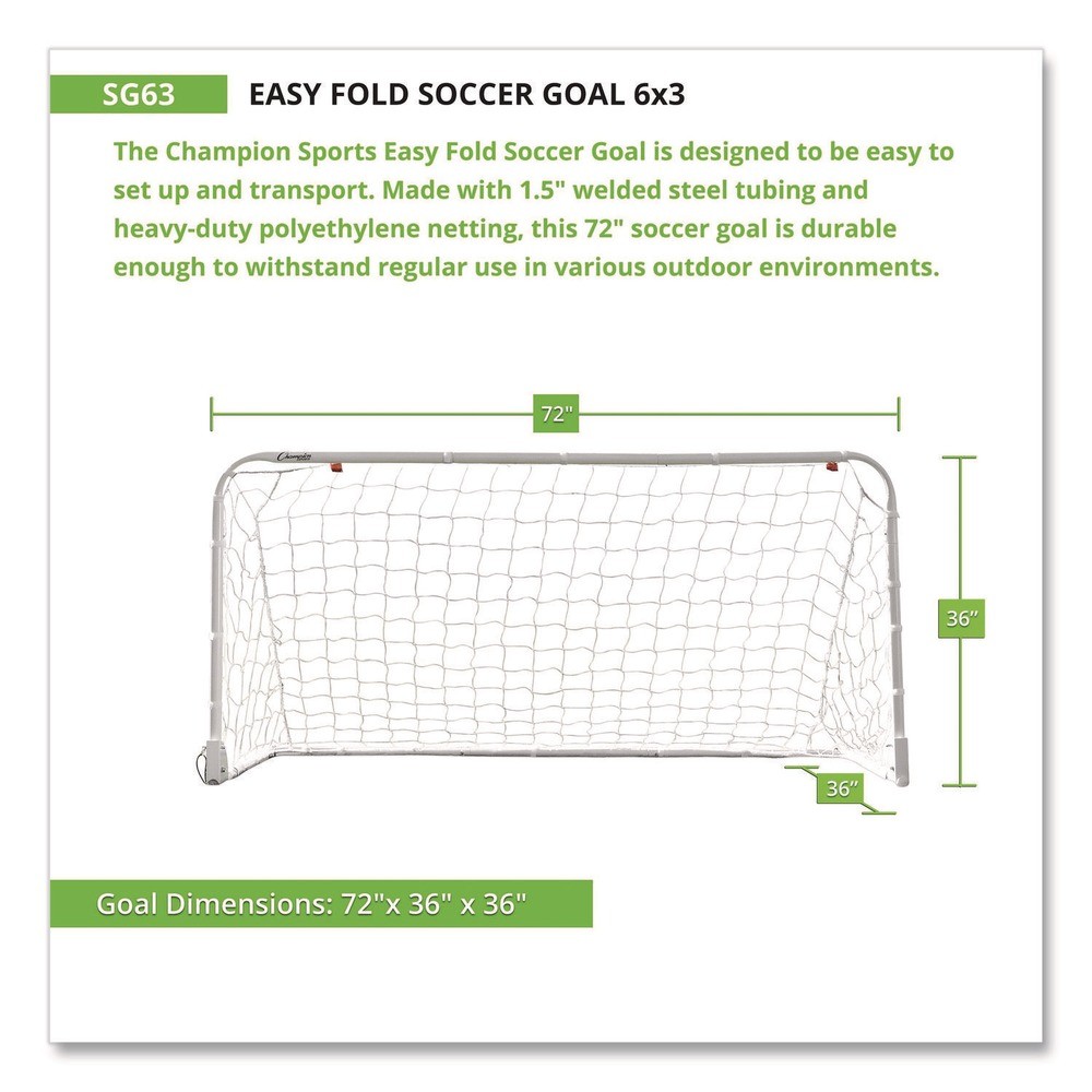 Champion Sports SG63 6 ft. x 3 ft. 1.25″ dia Frame Easy Fold Soccer Goal New