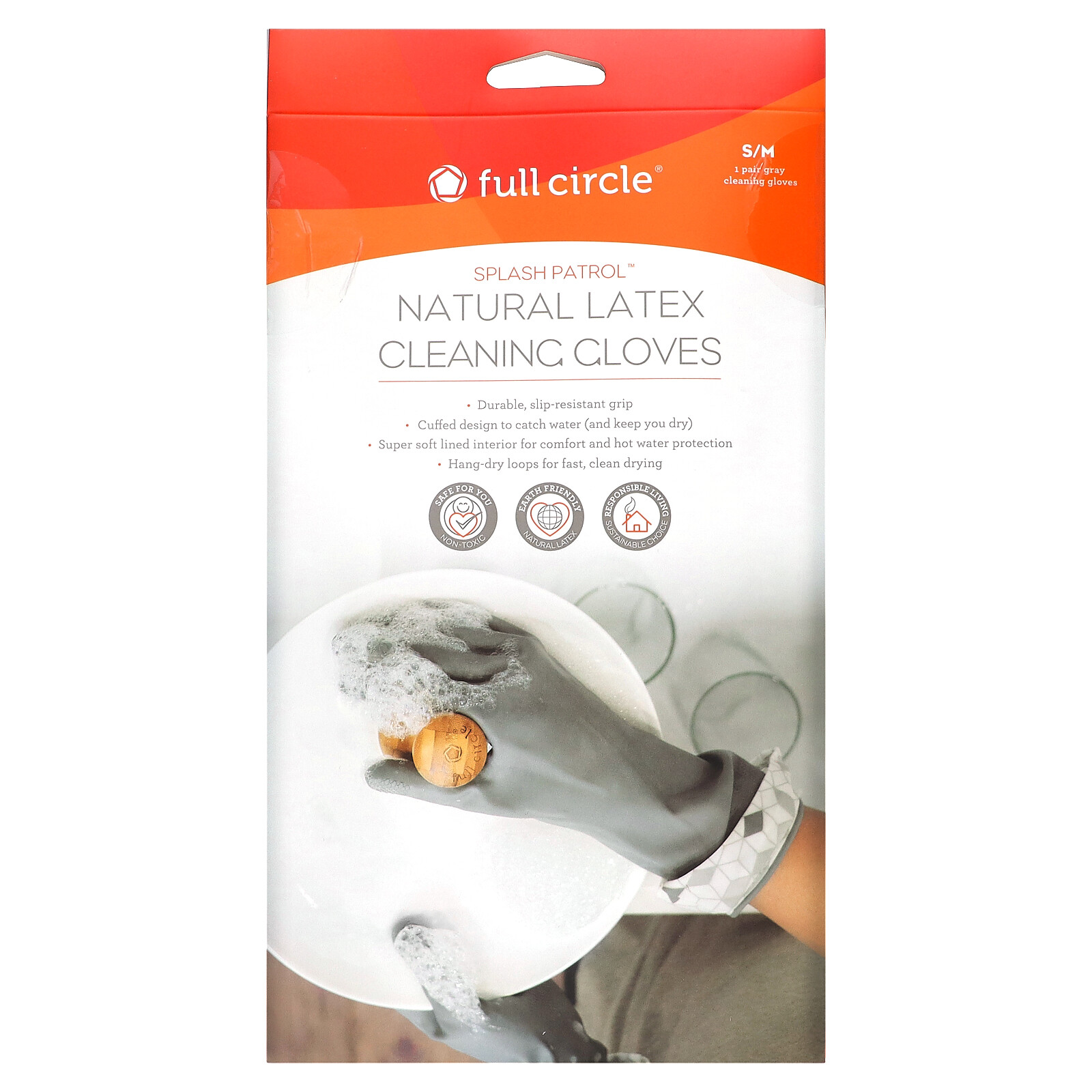 Splash Patrol, Natural Latex Cleaning Gloves, Size S/M, Grey, 1 Pair