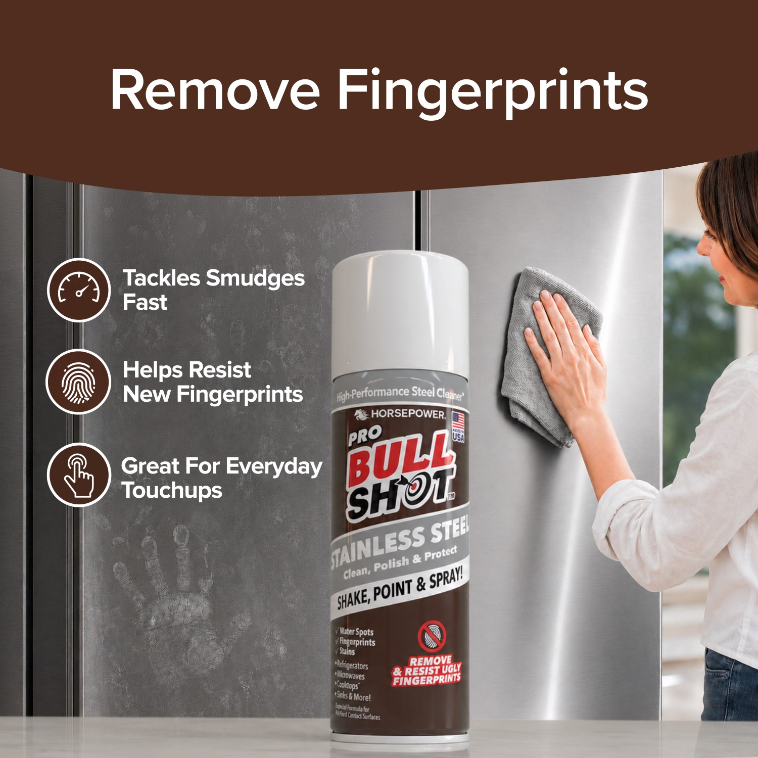 Bull Shot Stainless Steel Cleaner Spray, Cleans & Removes Greasy Fingerprints