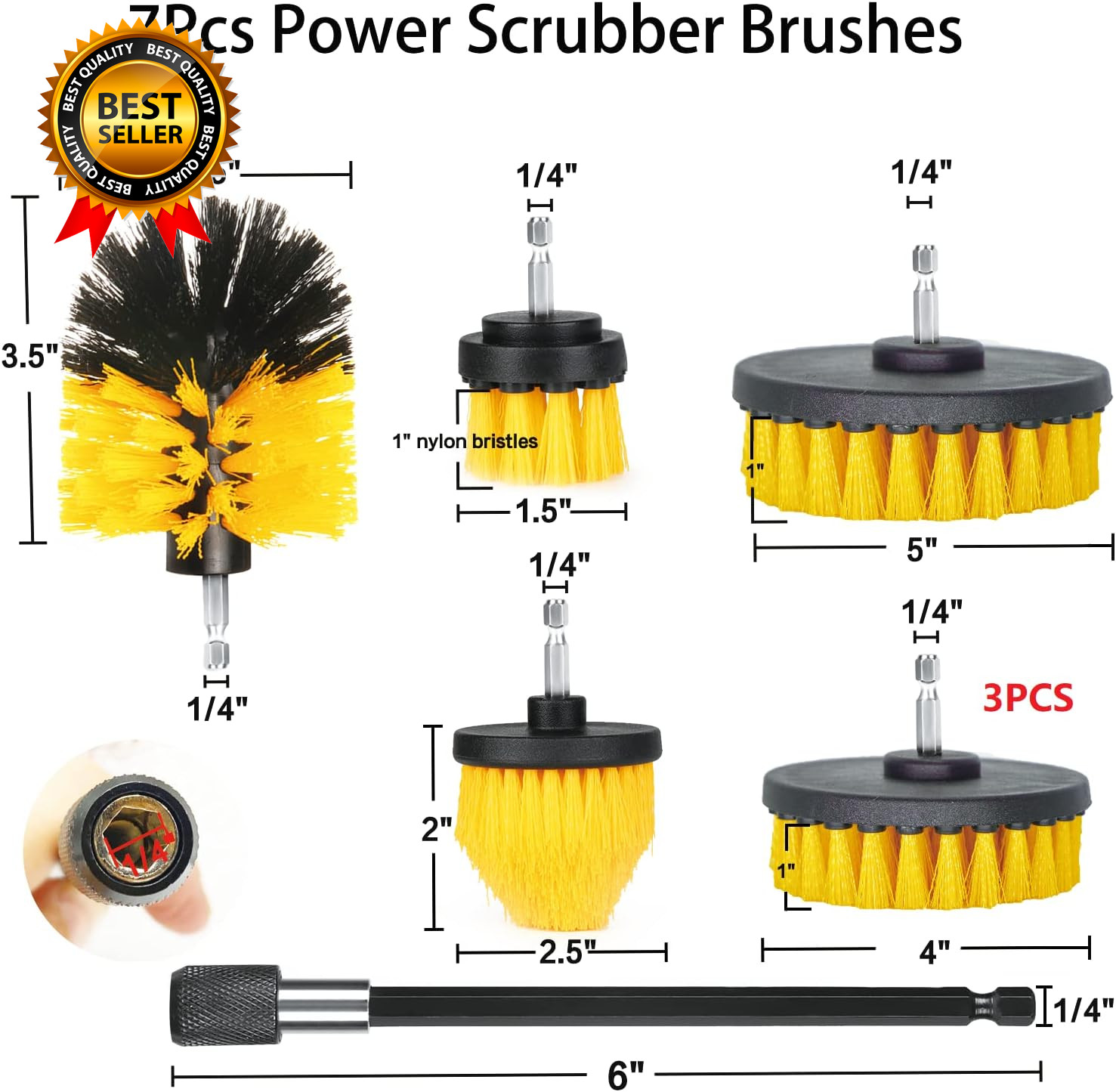 Drill Brush Attachment Set, 7 Pack 1/4In Power Scrubber Brush + Extend Long