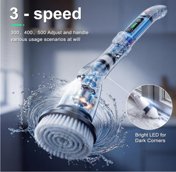 Cepillo Eléctrico Giratorio con Luz LED, 7 Cabezales y Mango Extensible, Nuevo