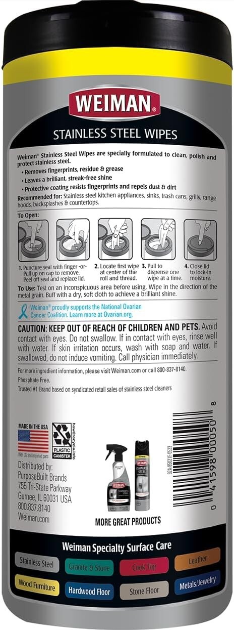 Weiman Stainless Steel Wipes, 30 Count, Cleaner & Polisher, Pack of 1