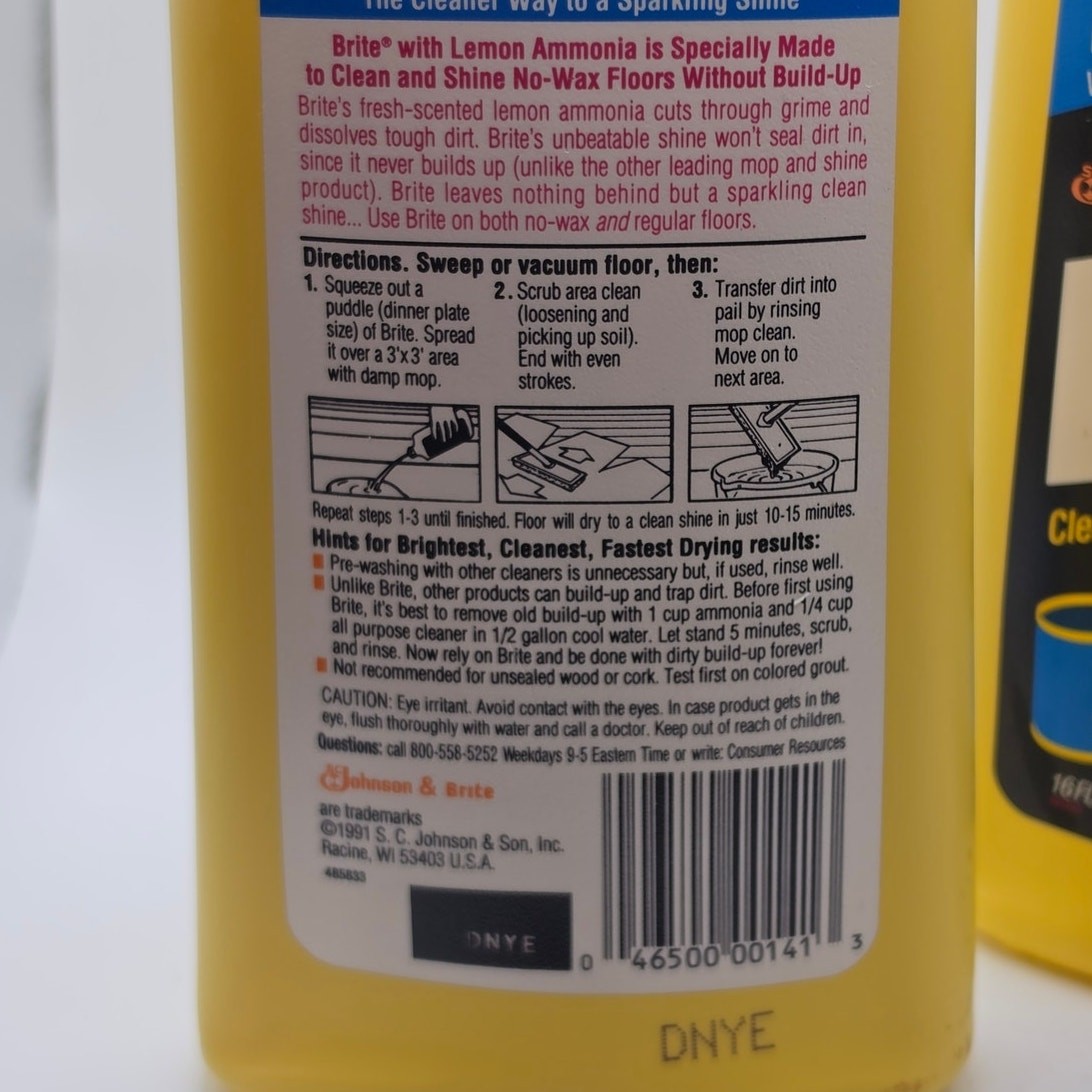 2 Bottles NOS 90’s Brite Floor Cleaner 16 oz SC Johnson For No Wax Floors