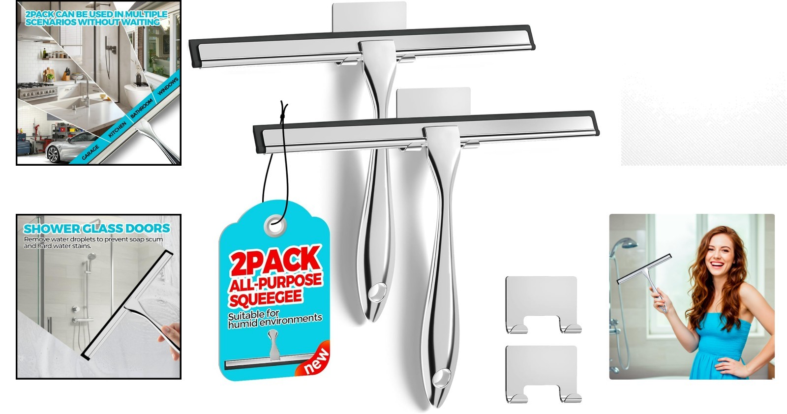 2PACK Shower Squeegee for Glass Doors, Squeegee for Shower Glass，All-Purpose …