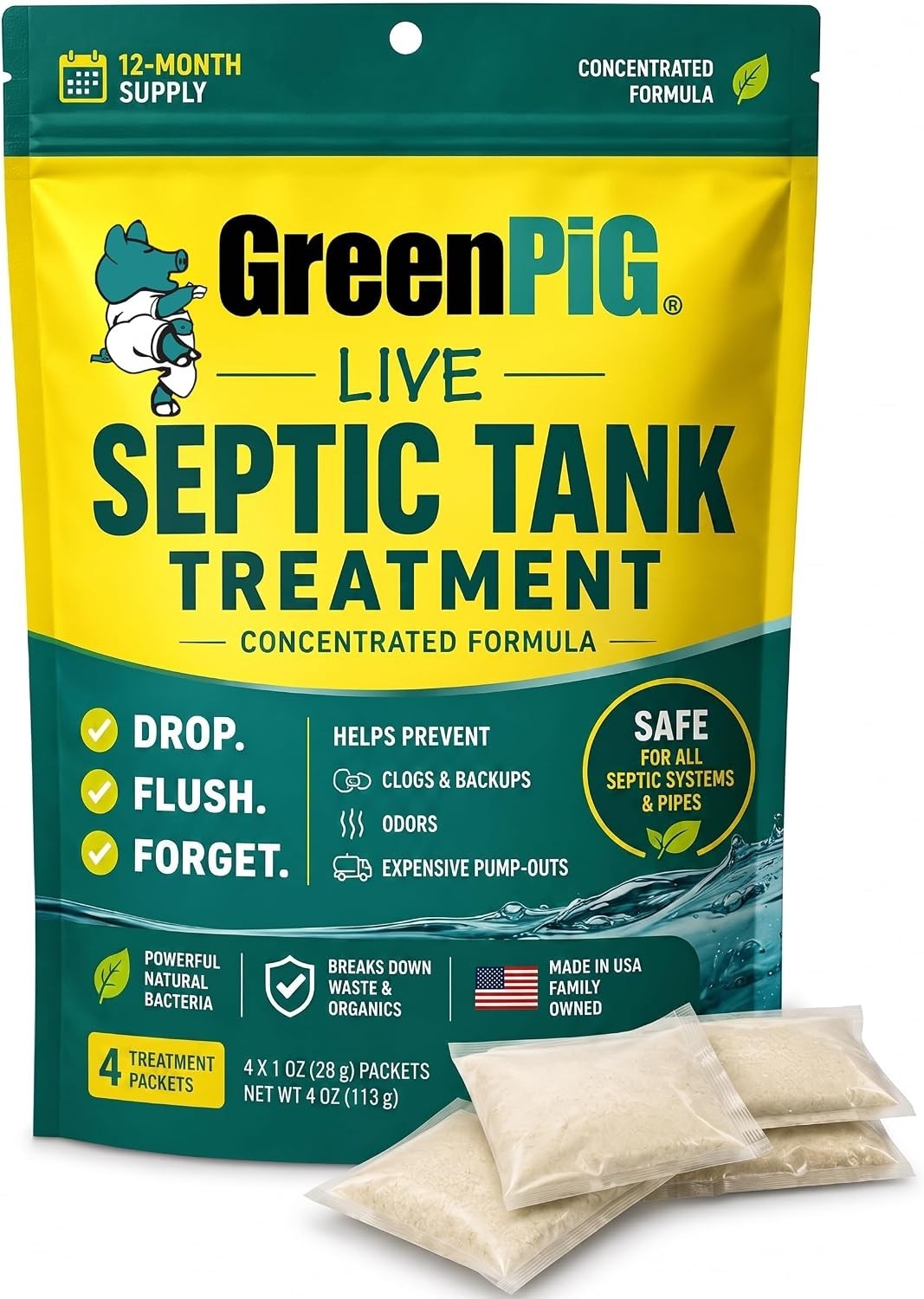 Septic Tank Treatment Packets – 1- Supply of 4 Enzyme Packets for Clogs