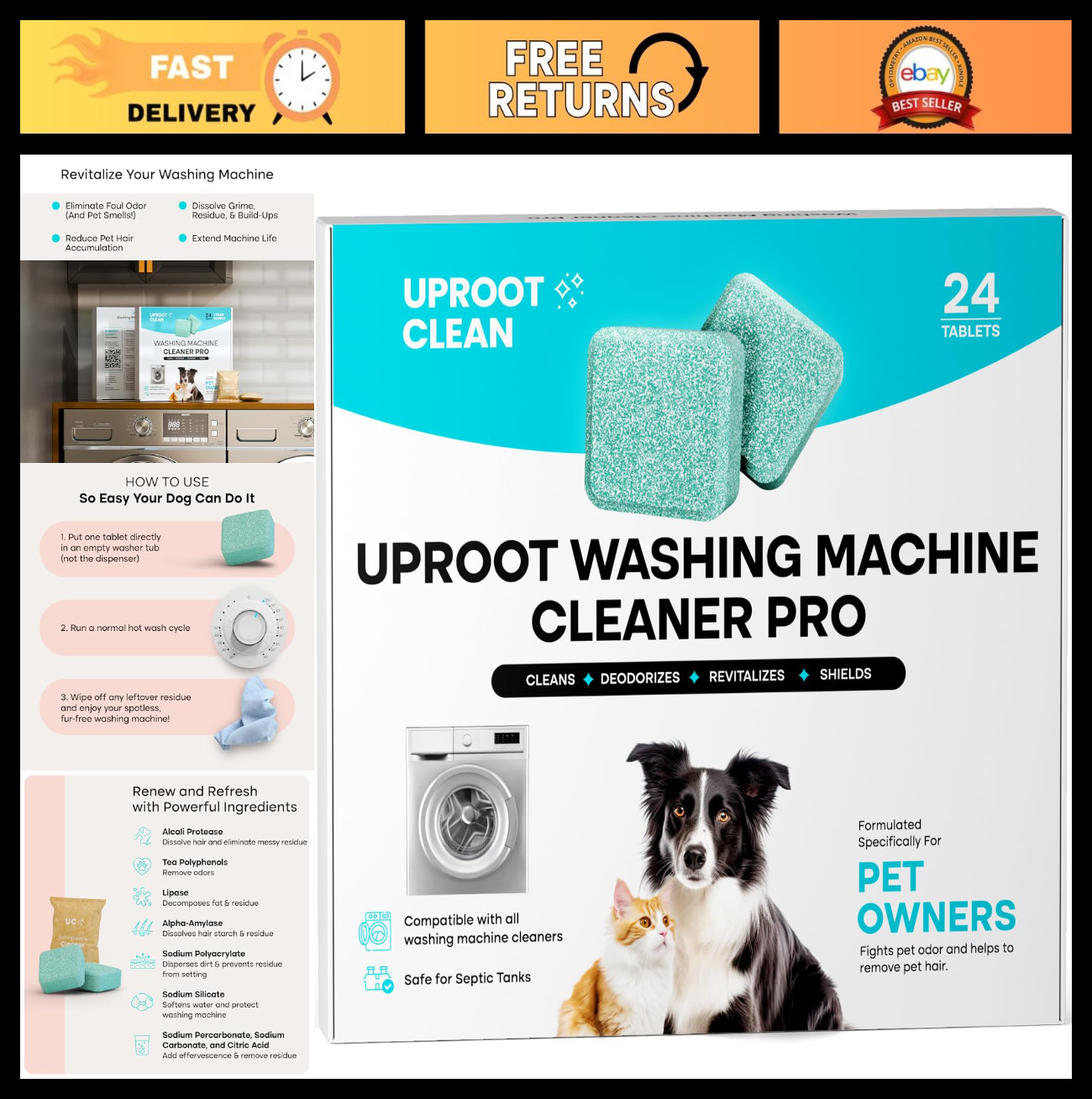 Washing Machine Cleaner Tablets – 24 Pack, HE & Front Load Compatible, Pet Safe,