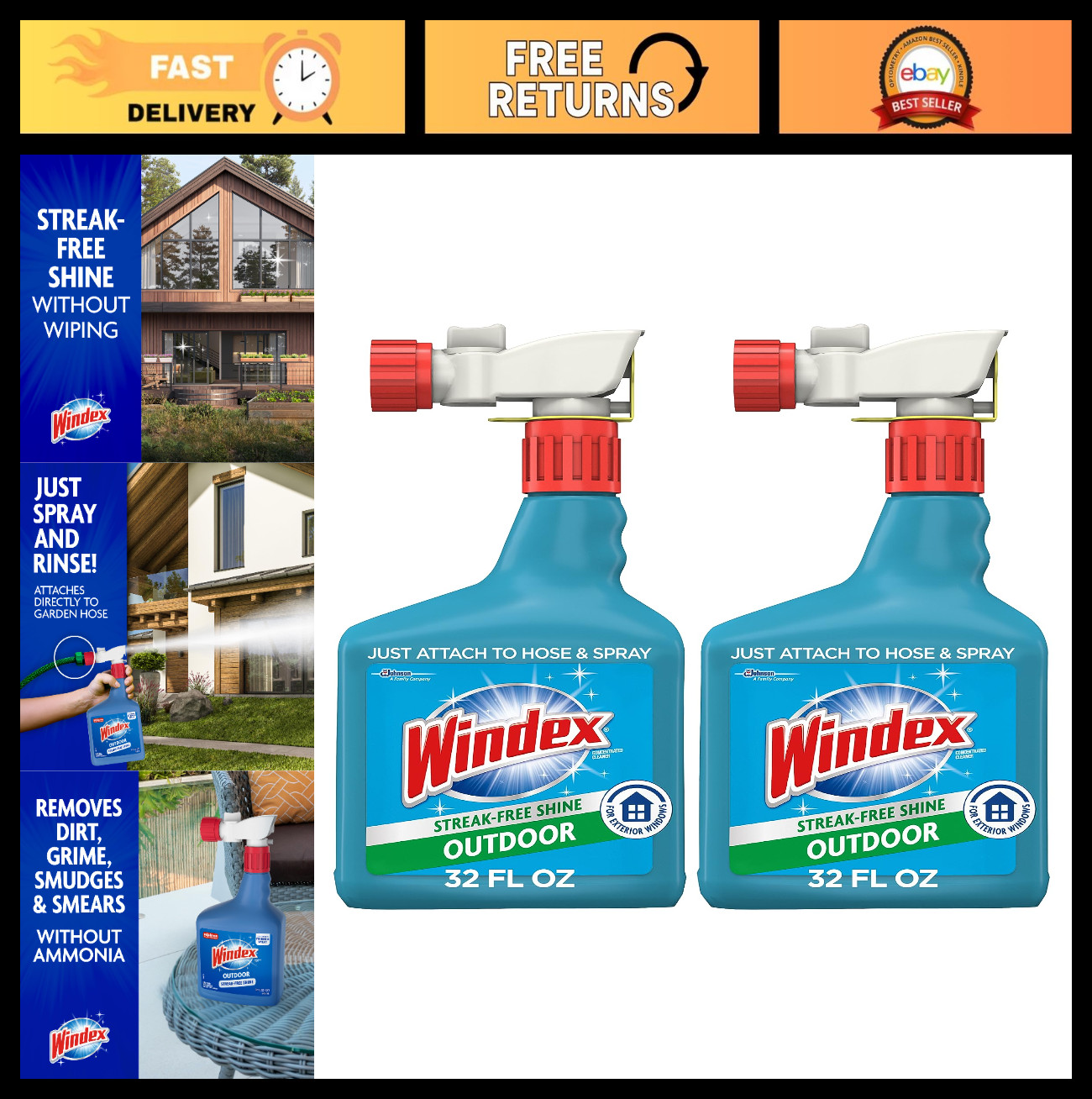 Outdoor Window & Glass Cleaner for Hose – Ammonia-Free, Deep Clean, 32oz (2 Pack