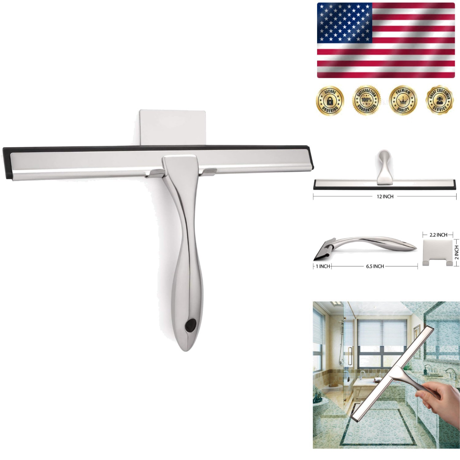 Effortless Shine: 12-Inch Stainless Steel Shower Squeegee with Ergonomic Grip