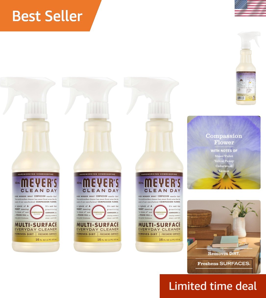 Mrs. Meyer’s Clean Day Multi-Surface Cleaner – Compassion Flower Scent, 3 Pack