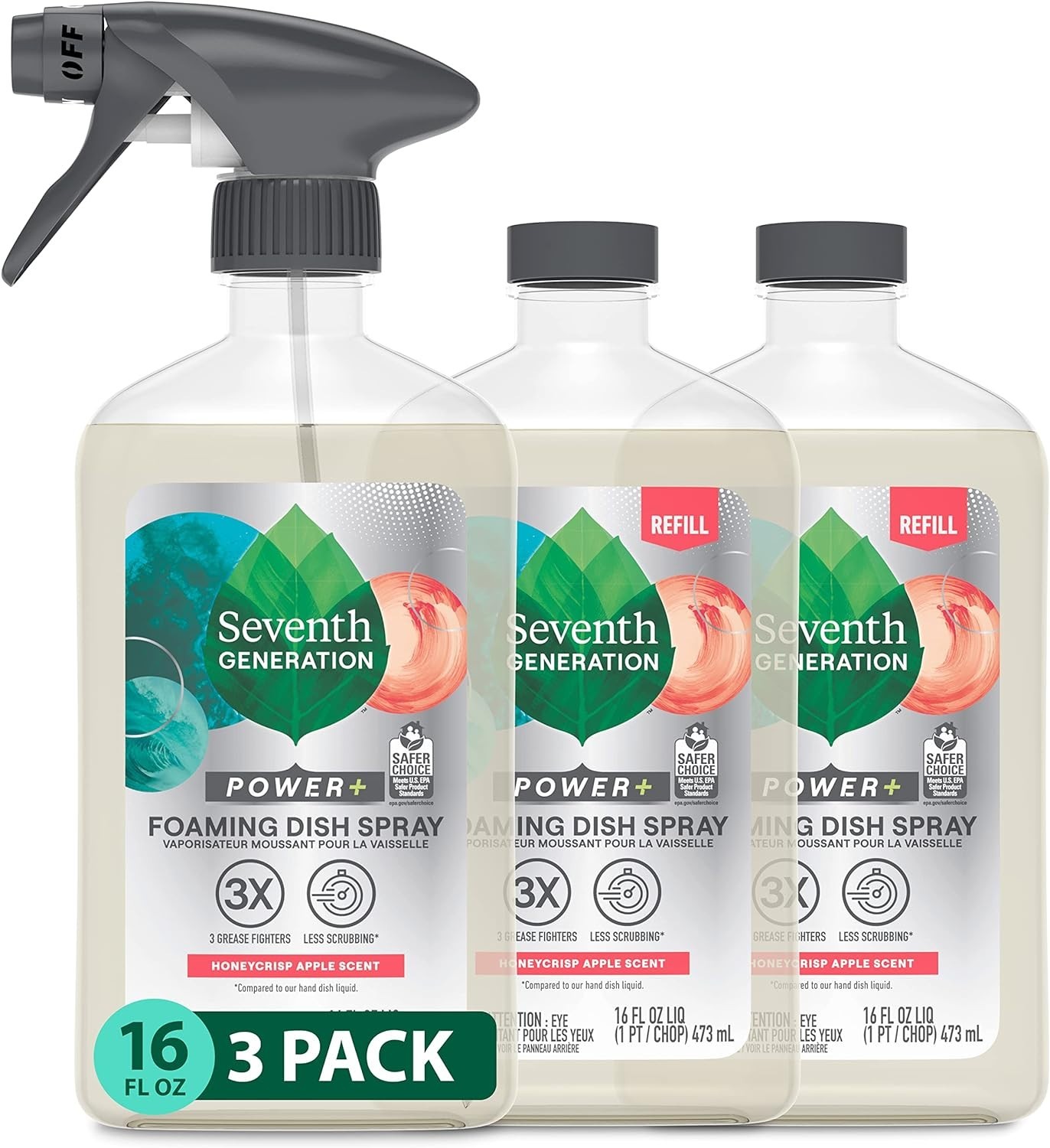 Foaming Dish Spray Cleaner Apple Scent 16 fl oz Pack of 3 Kitchen Degreaser Foam