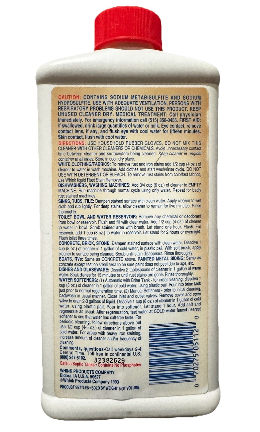 Whink Rust Stain Remover Vintage 20 fl oz Bottle FULL Rare Sinks And Toilets