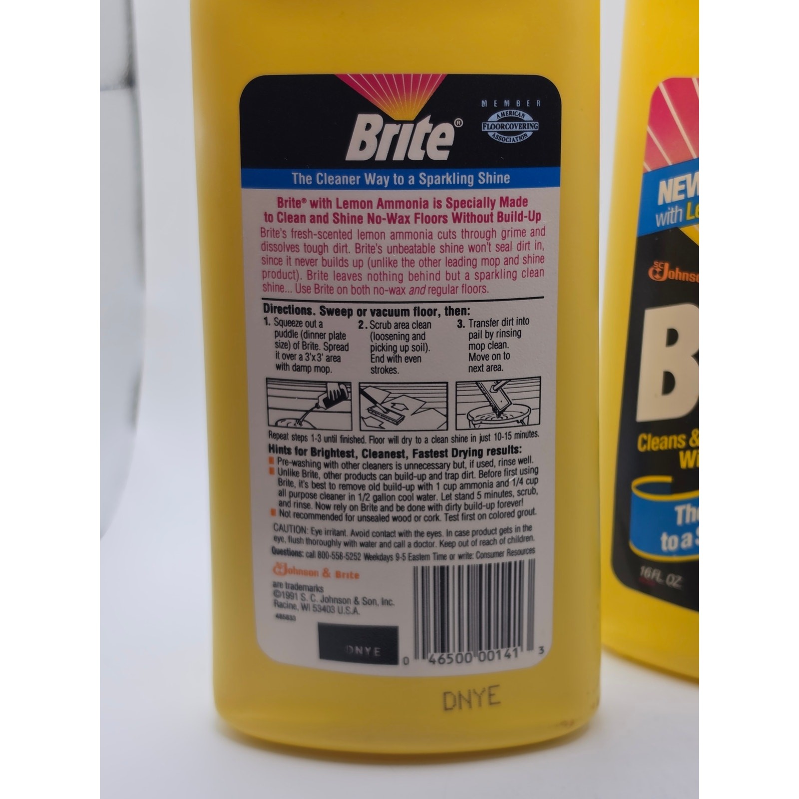 2 Bottles NOS 90’s Brite Floor Cleaner 16 oz SC Johnson For No Wax Floors