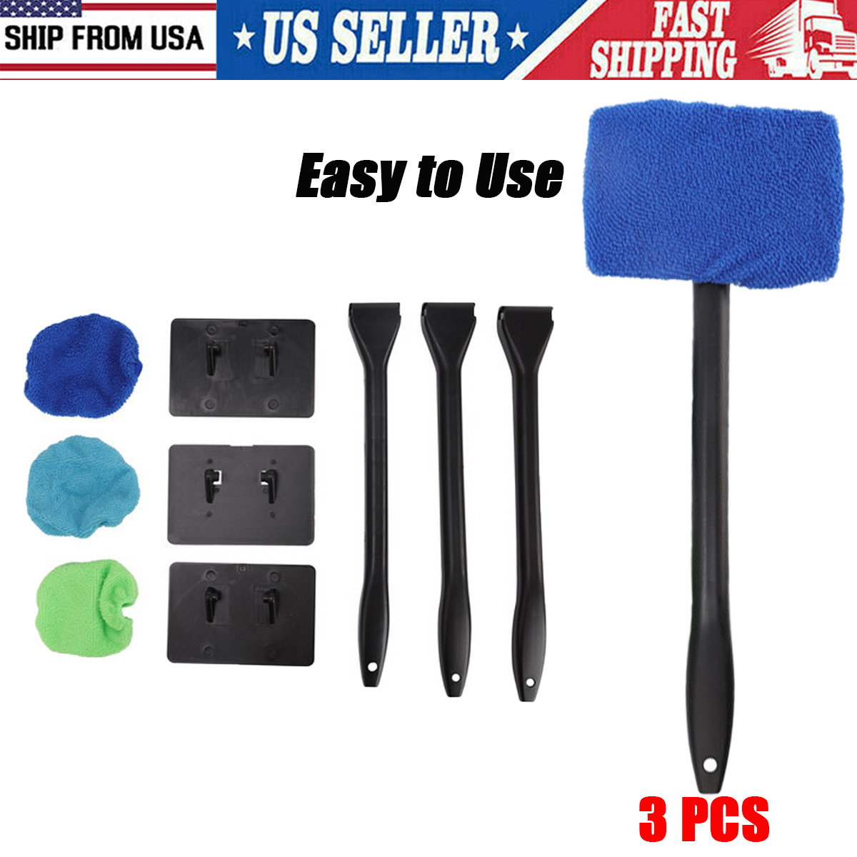3x Window Windshield Cleaning Tool Microfiber Car Wiper Cleaner Glass Brush
