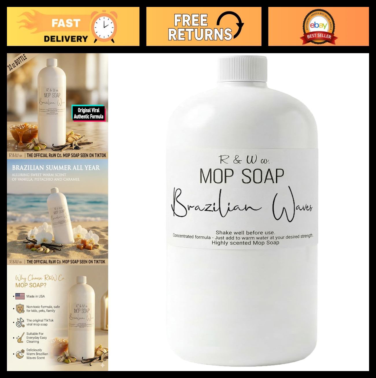 Premium 32 oz Mop Soap – Brazilian Waves Scented Floor Cleaner, Non-Toxic, Strea