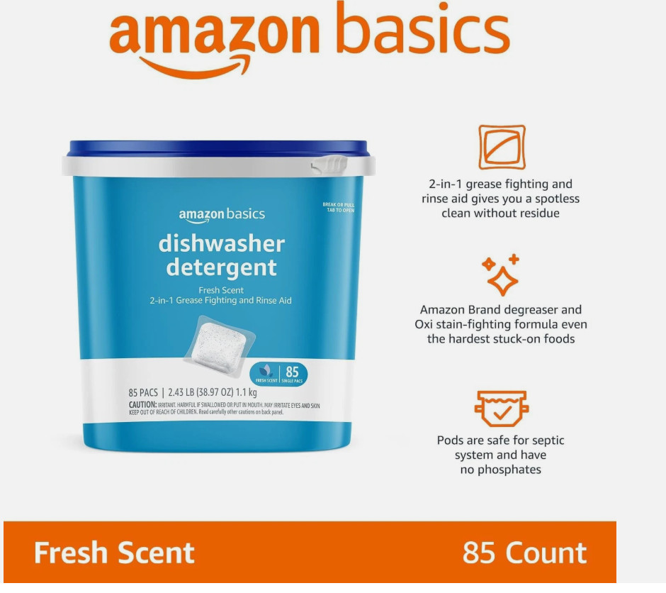 Lot 6 Amazon Basics Dishwasher Detergent Tubs FRESH SCENT packs (=510 TOTAL)