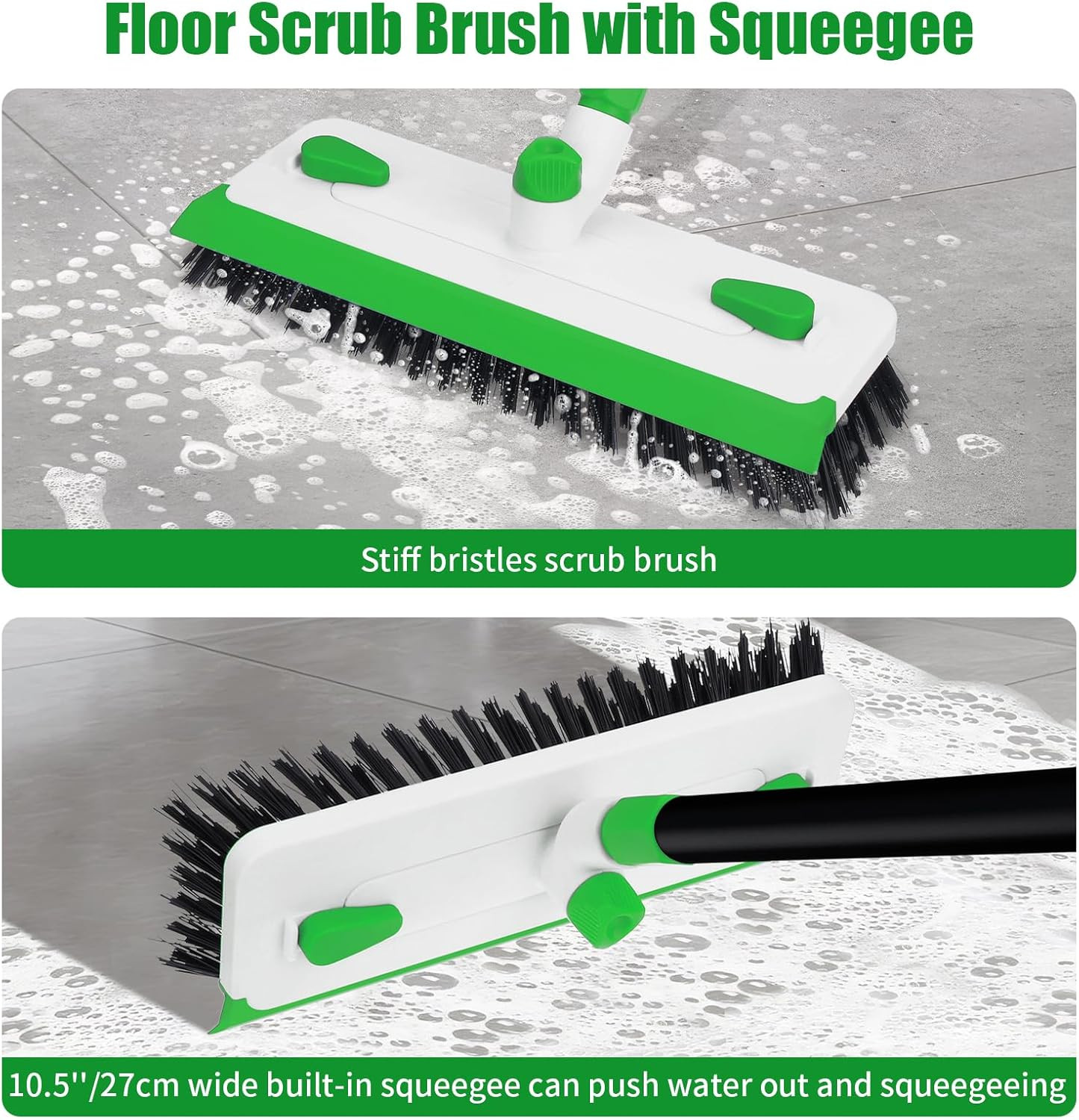 Floor Scrub Brush with Long Handle, 3-In-1 Scrape Scrubber Brush with Squeegee