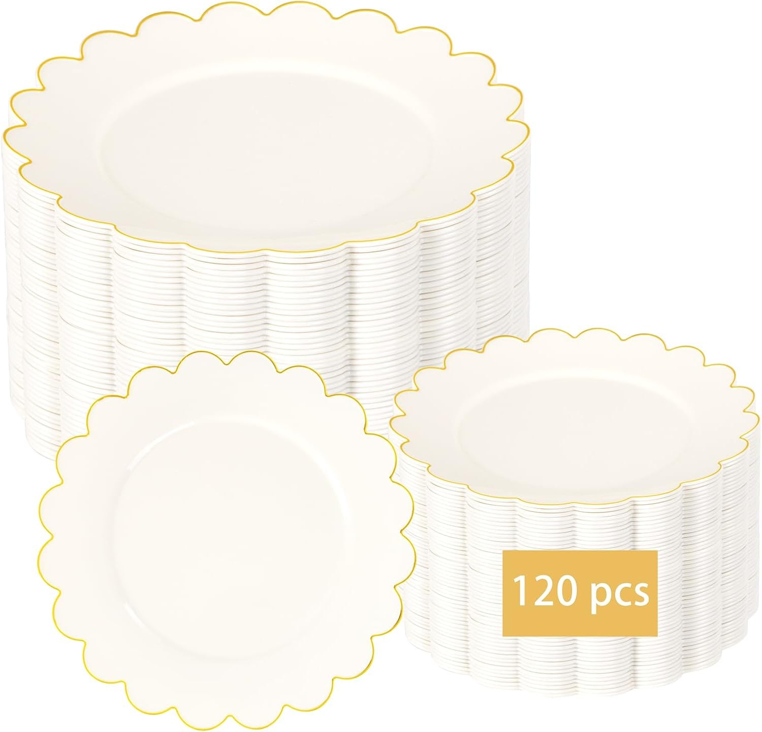 LIYH 120 Pcs Ivory Scalloped Plastic Plates Disposable – Ivory and Gold Plasti