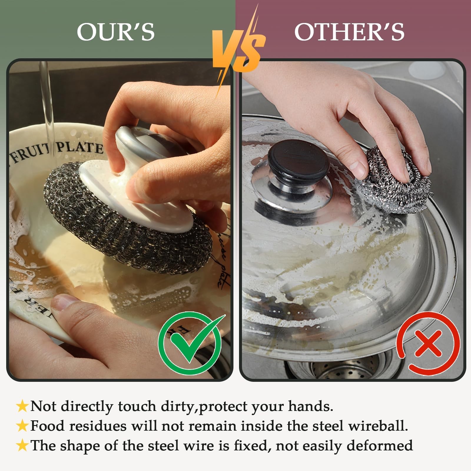 2 Pack Stainless Steel Wool Scrubber with Handle Heavy Duty Scouring Pads Gray