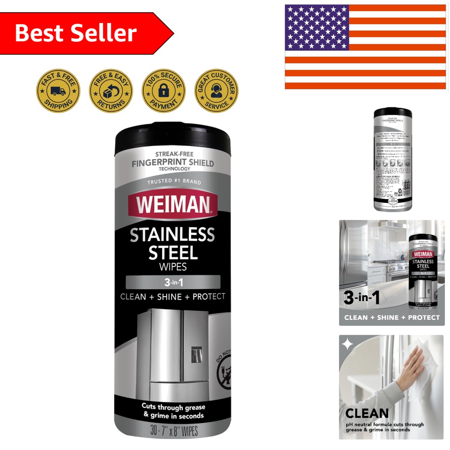 30 Count Stainless Steel Cleaner Wipes – Streak-Free Shine & Protection