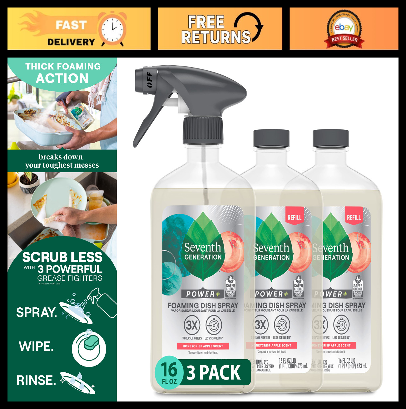 Foaming Dish Spray Refill Pack of 3 – Honey Crisp Apple Scent, 16 Fl Oz Each