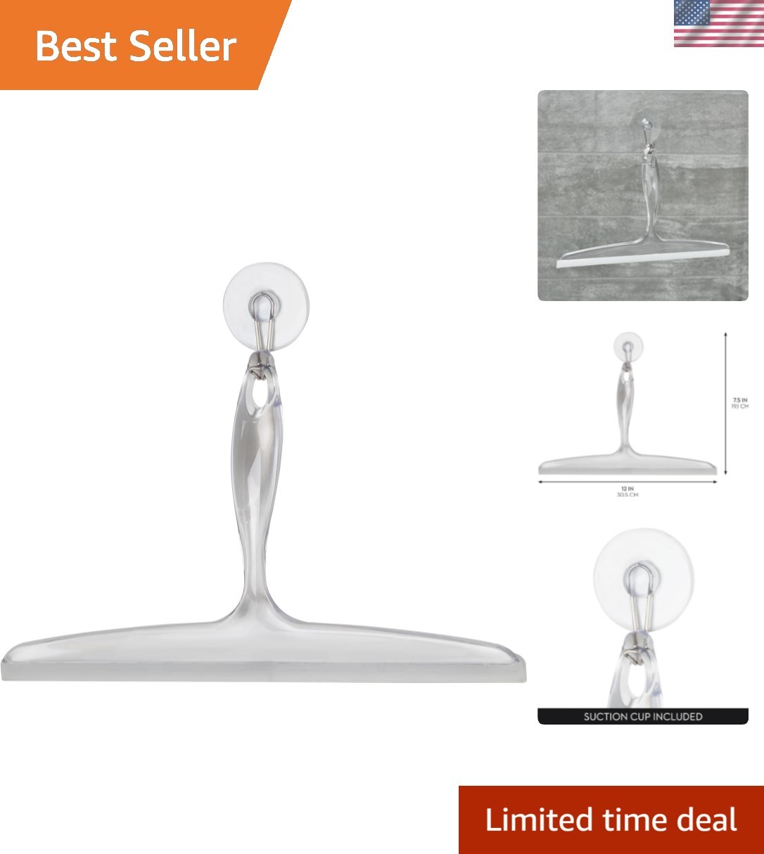 Versatile 12″ Bath Squeegee for Shower & Mirrored Surfaces – Suction Hook Holder