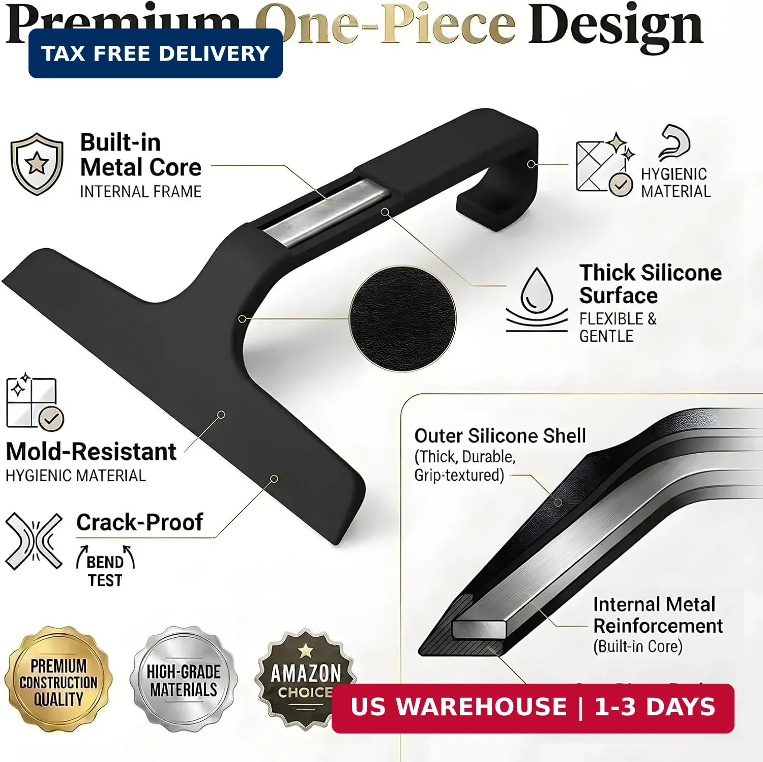 Bathroom Glass Shower Door Squeegee, Silicone & Metal, Black, 10″W x 9.2″L | Eff
