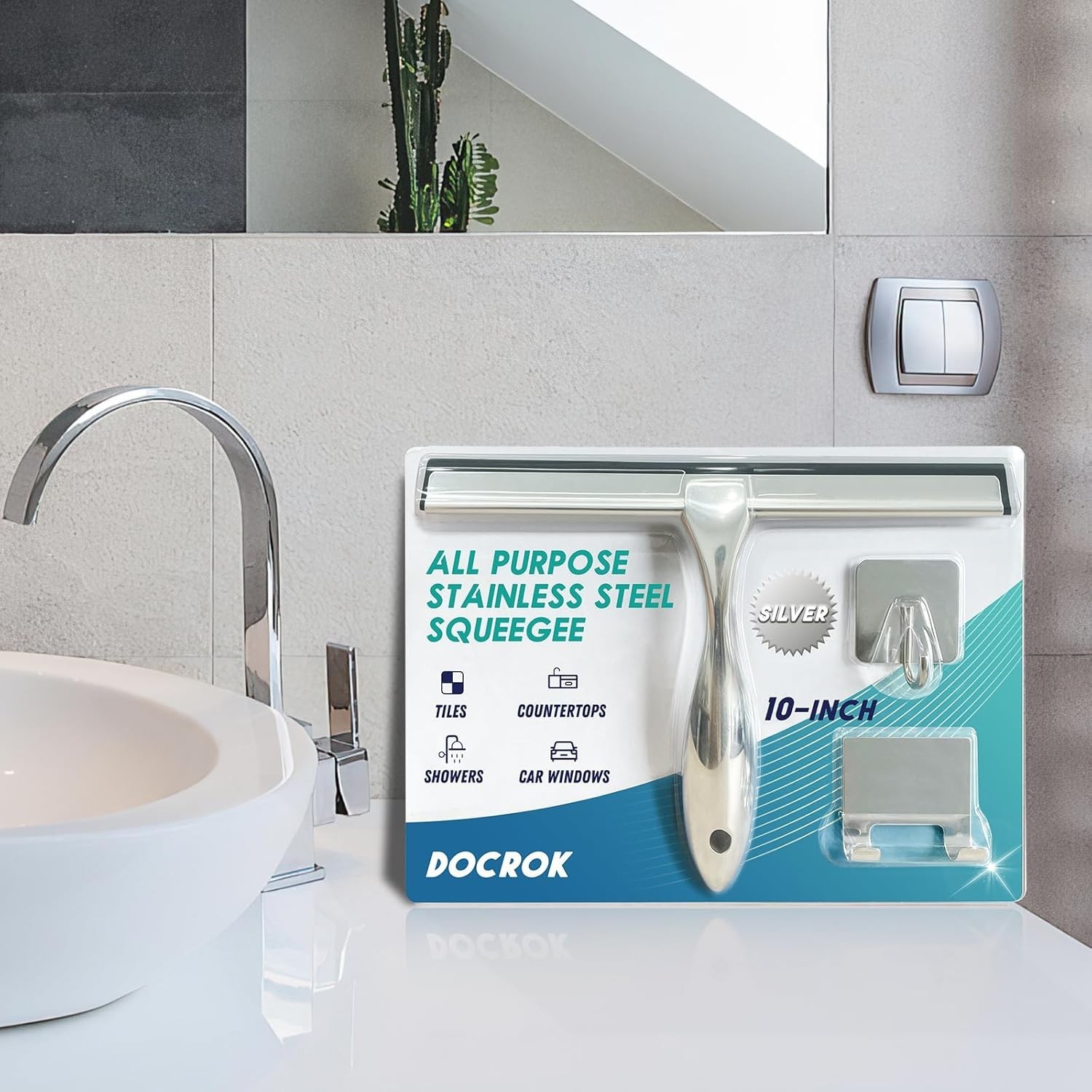 Docrok 10″ Stainless Steel Shower Squeegee Glass Door Window Mirror Cleaner Hook