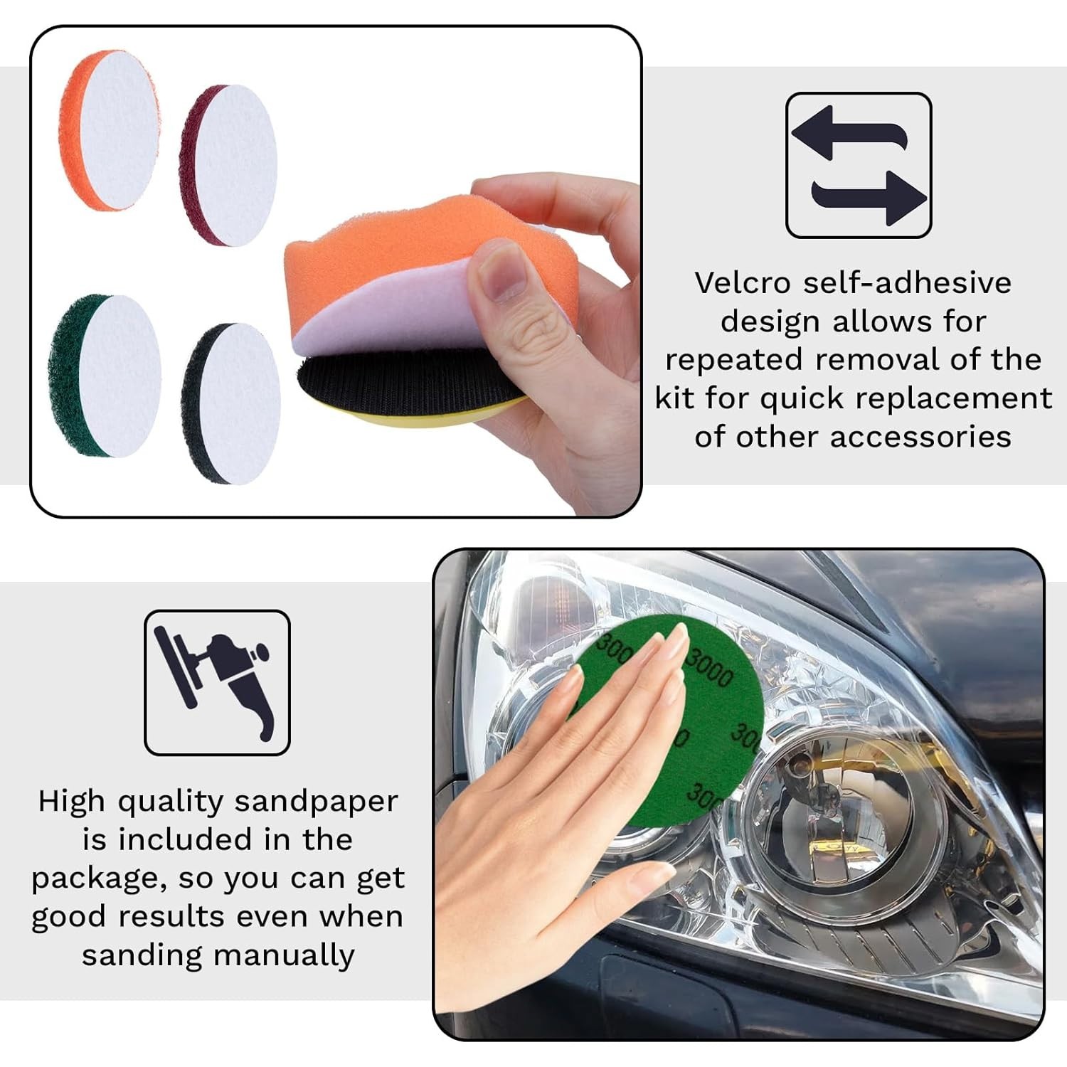 Kit 38PCS Limpieza de Faros con Lijas y Almohadillas, Universal para Coche