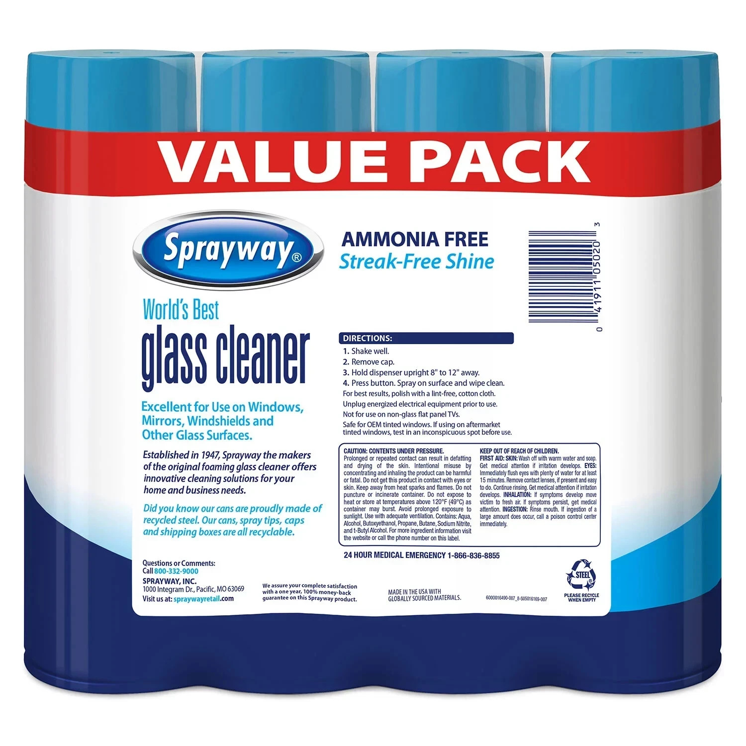 SHIPS FREE SAME DAY- Sprayway, Glass Cleaner, 19 Oz Cans, Pack of 4