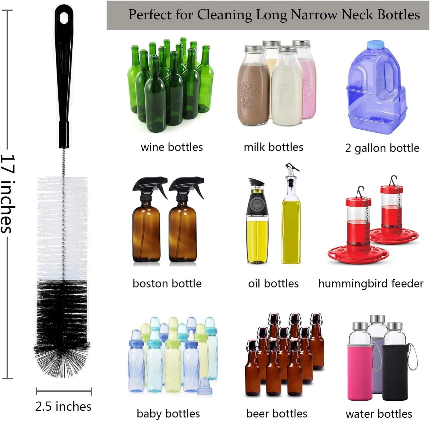 ALINK 8-Pack Bottle Cleaning Brush Set – Long Handle Black Bottle Cleaner for Wa