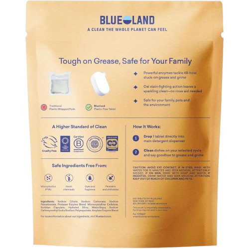 BLUELAND 100% Plastic-Free Dishwasher Detergent Tablets, 120 Count, Free & Clear