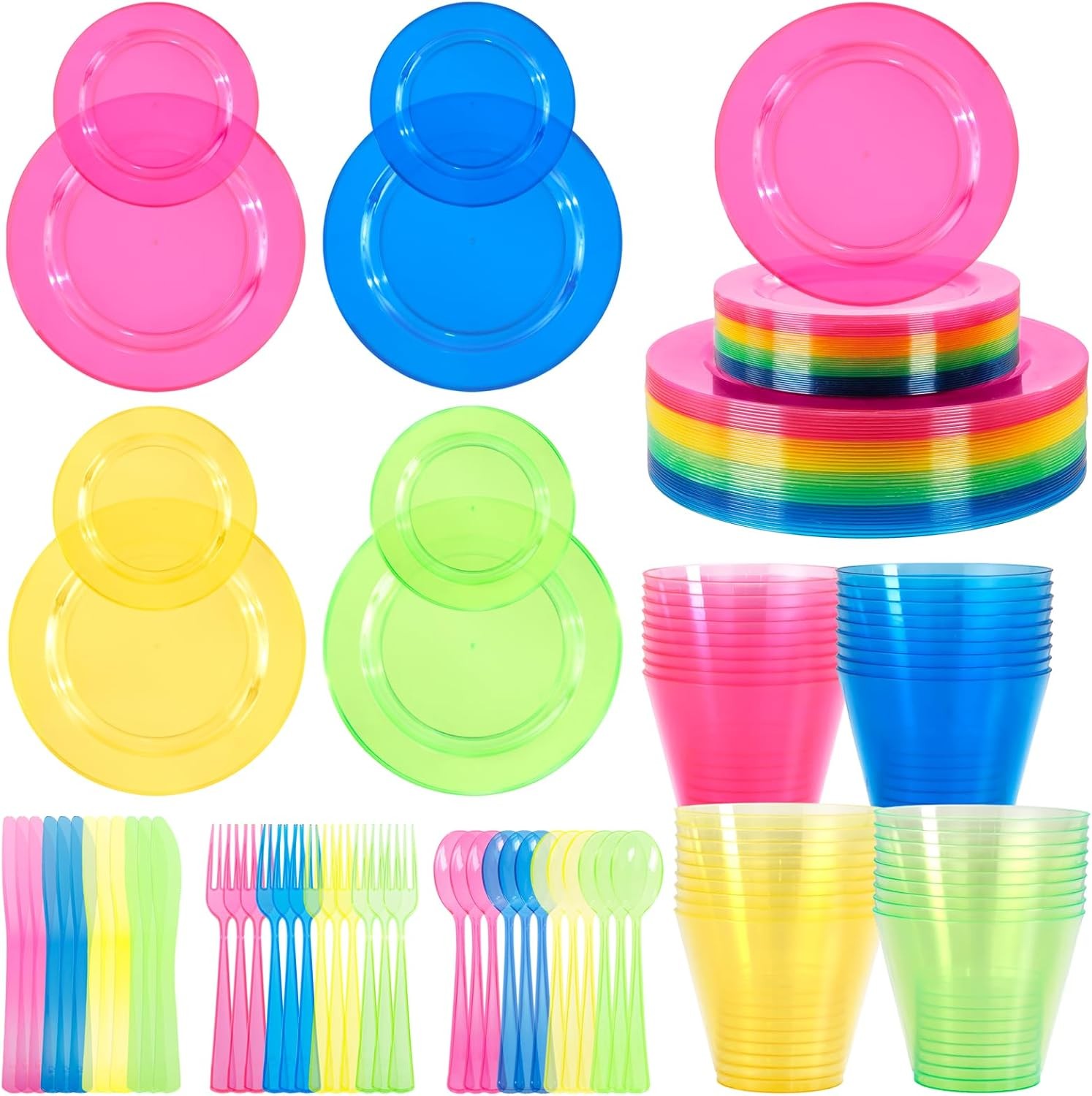 Supernal 216pcs Plastic Dinnerware Set include Rainbow Disposable Plates for P