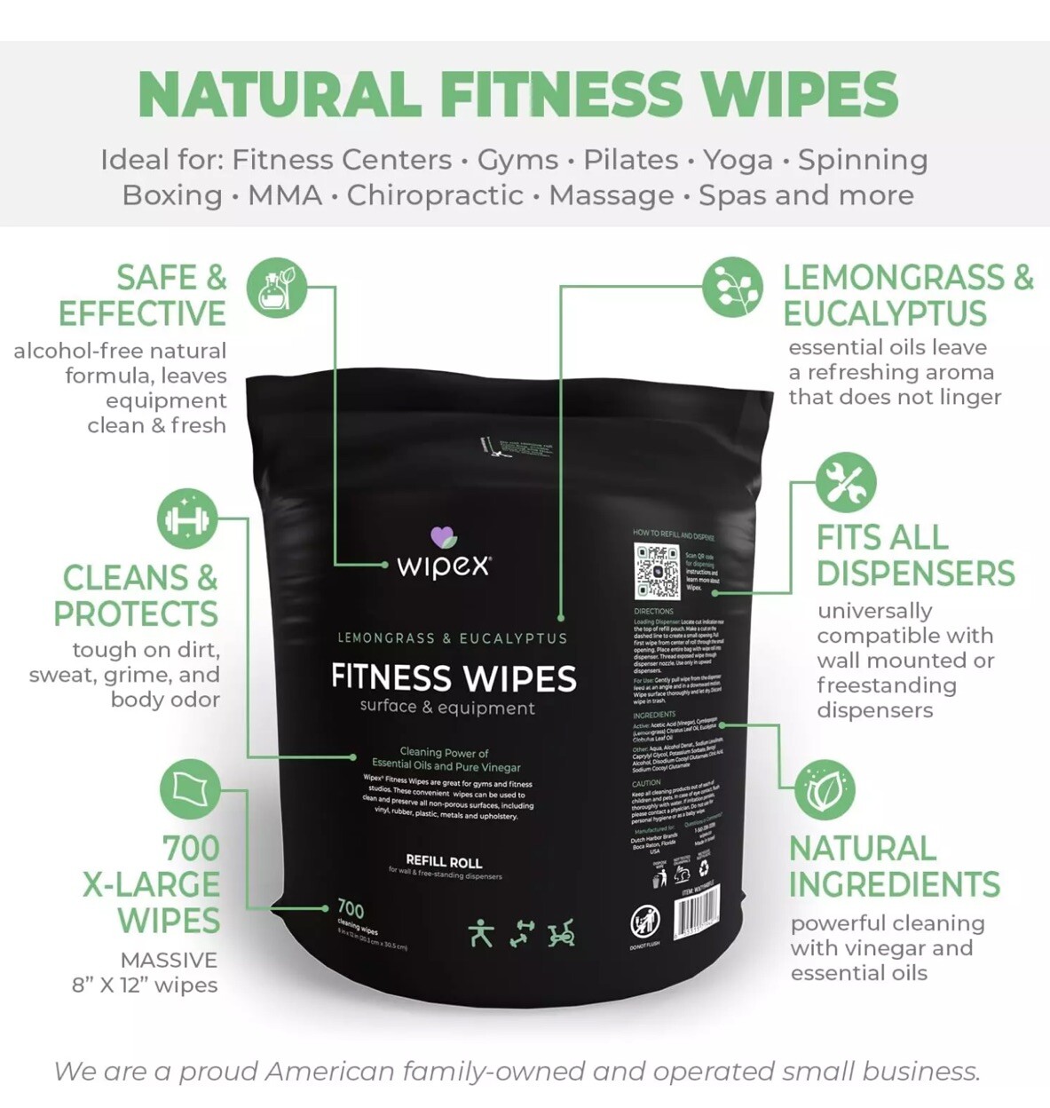 Wipex Gym & Fitness Wipes Refill Pack 700 Large Natural Wipes with Vinegar & Lem