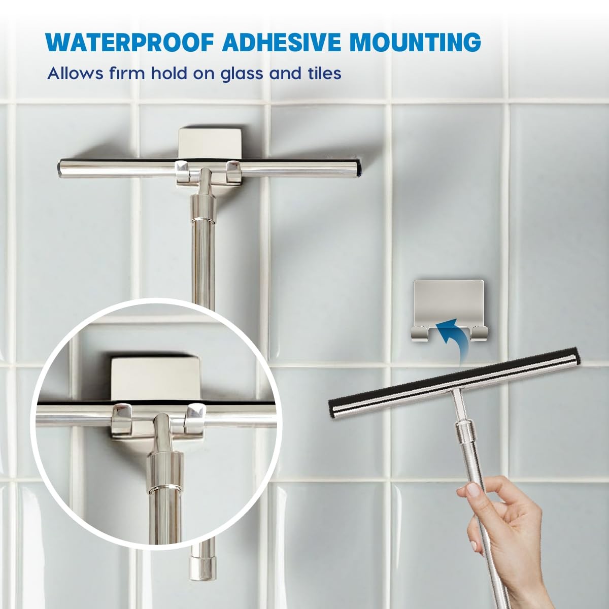 Shower Squeegee with Long Handle and Adhesive Hook. for Glass Doors, Tile Wal…