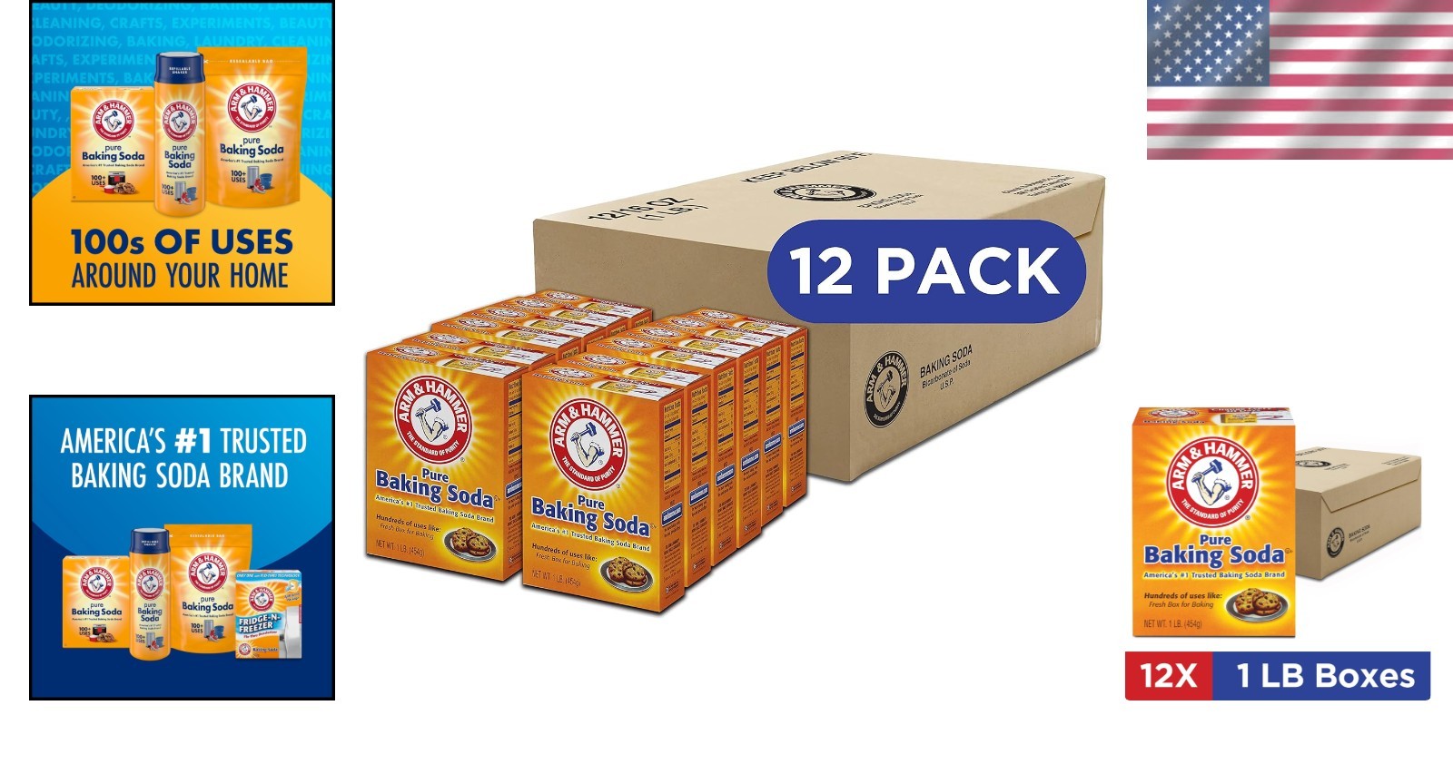 100% Pure Baking Soda – Multi-Purpose Sodium Bicarbonate, 12-Pack of 1 lb Boxes