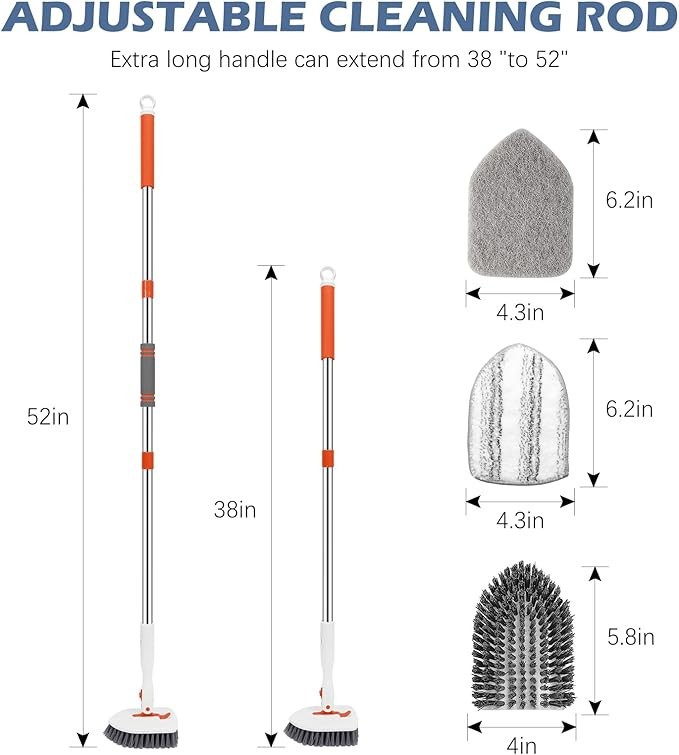 3in1 Shower Tile Tub Scrubber Brush with 52in Adjustable Handle 3 Replace Heads