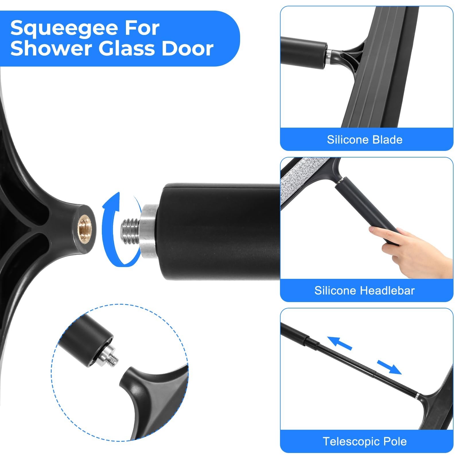 Extendable Shower Squeegee with Long Handle for Glass, Bathroom, Mirrors & Floor