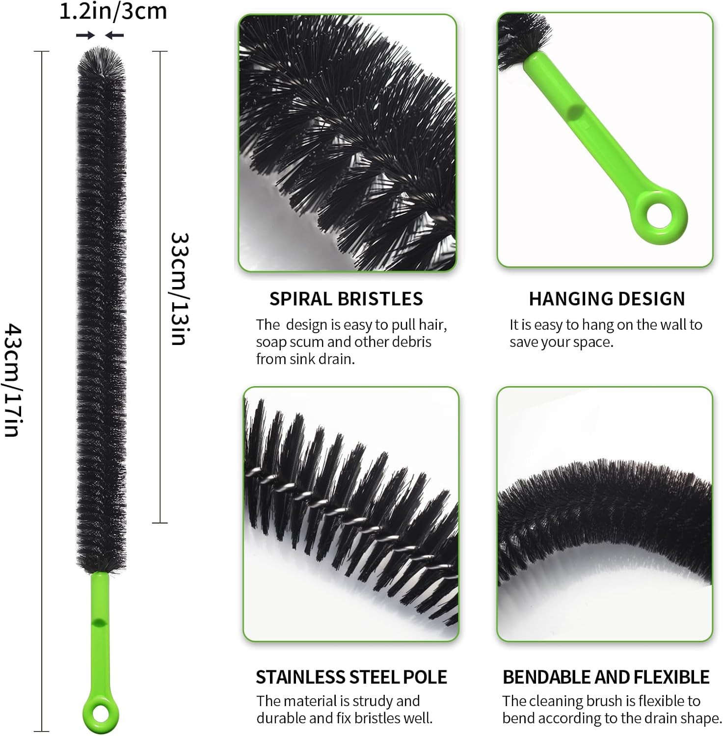 2 Pcs 17” Flexible Sink Drain Cleaner Brush Long Pipe Cleaner Brush for Cleaning