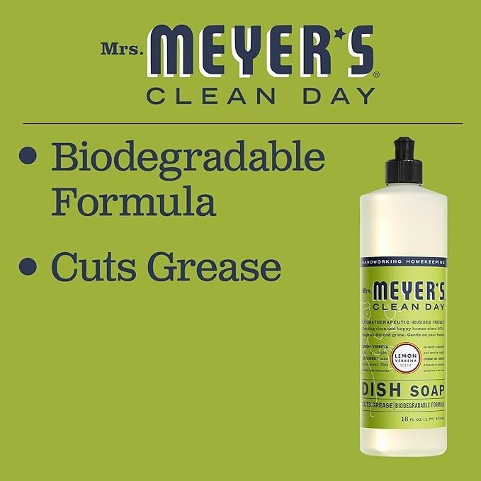 MRS. MEYER’S CLEAN DAY Liquid Dish Soap, Biodegradable Formula, Lemon Verbena, 1