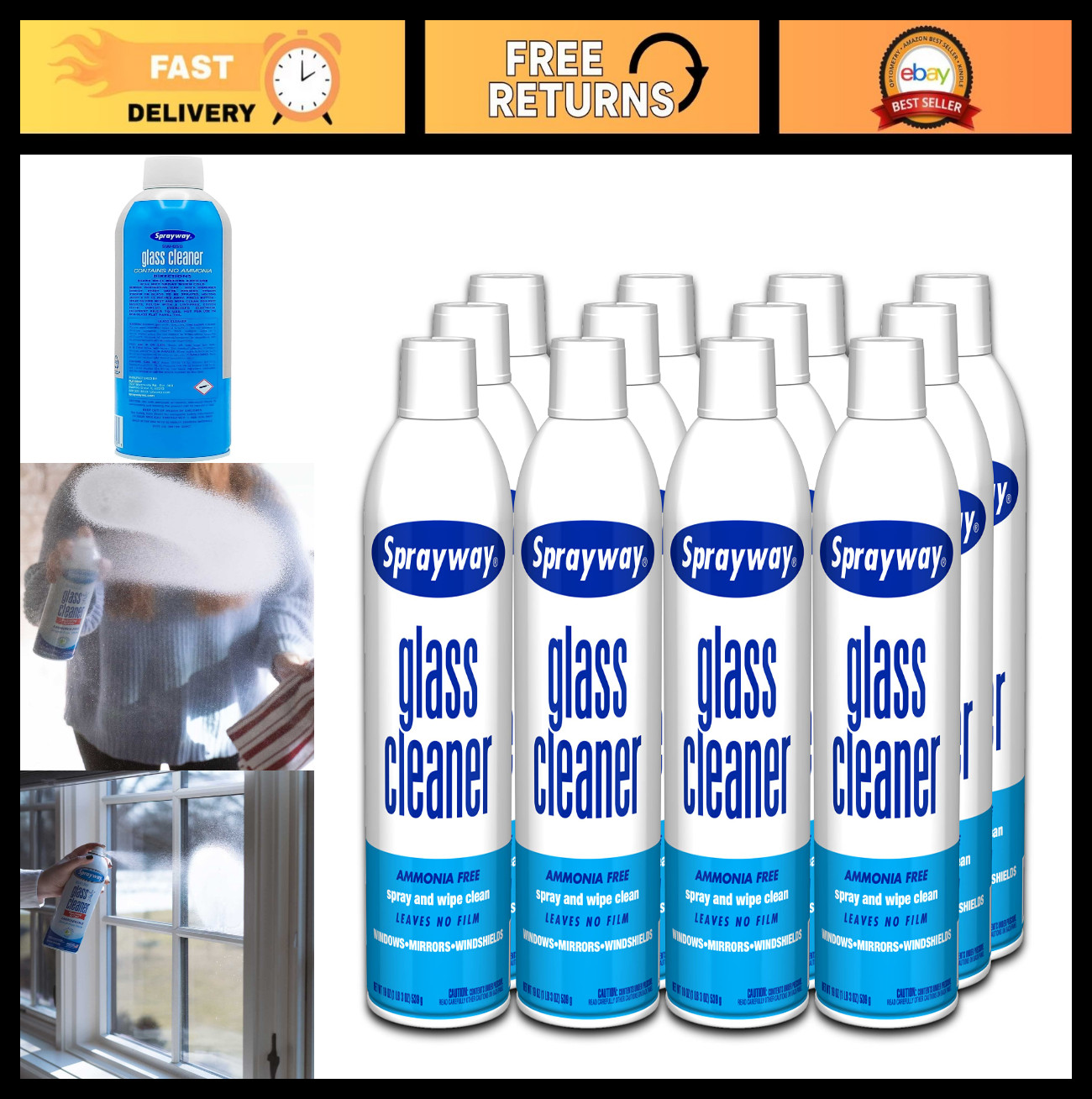 Streak-Free Foaming Glass Cleaner Spray for Home & Auto – 19 oz, 12 Pack