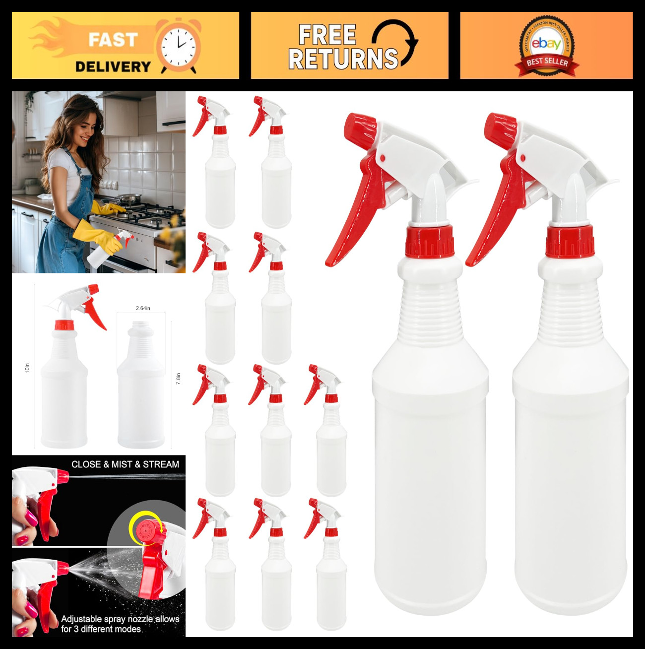 12 Pack 16 Oz Spray Bottles – Reusable Plastic Cleaning & Garden Spray Bottles
