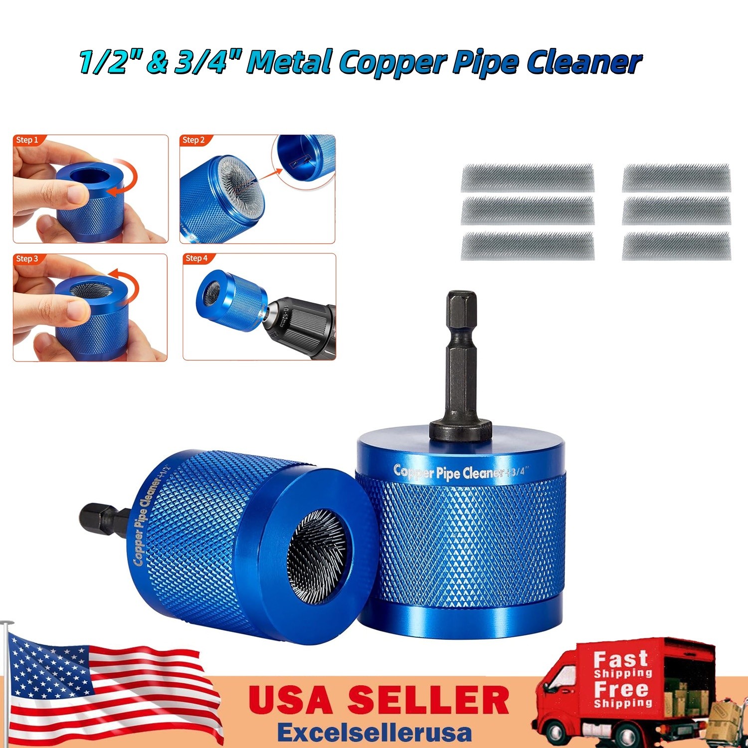 1/2″ & 3/4″ Metal Copper Pipe Cleaner,with 1/4″ Hex Shank and 6 Brush Blades,New