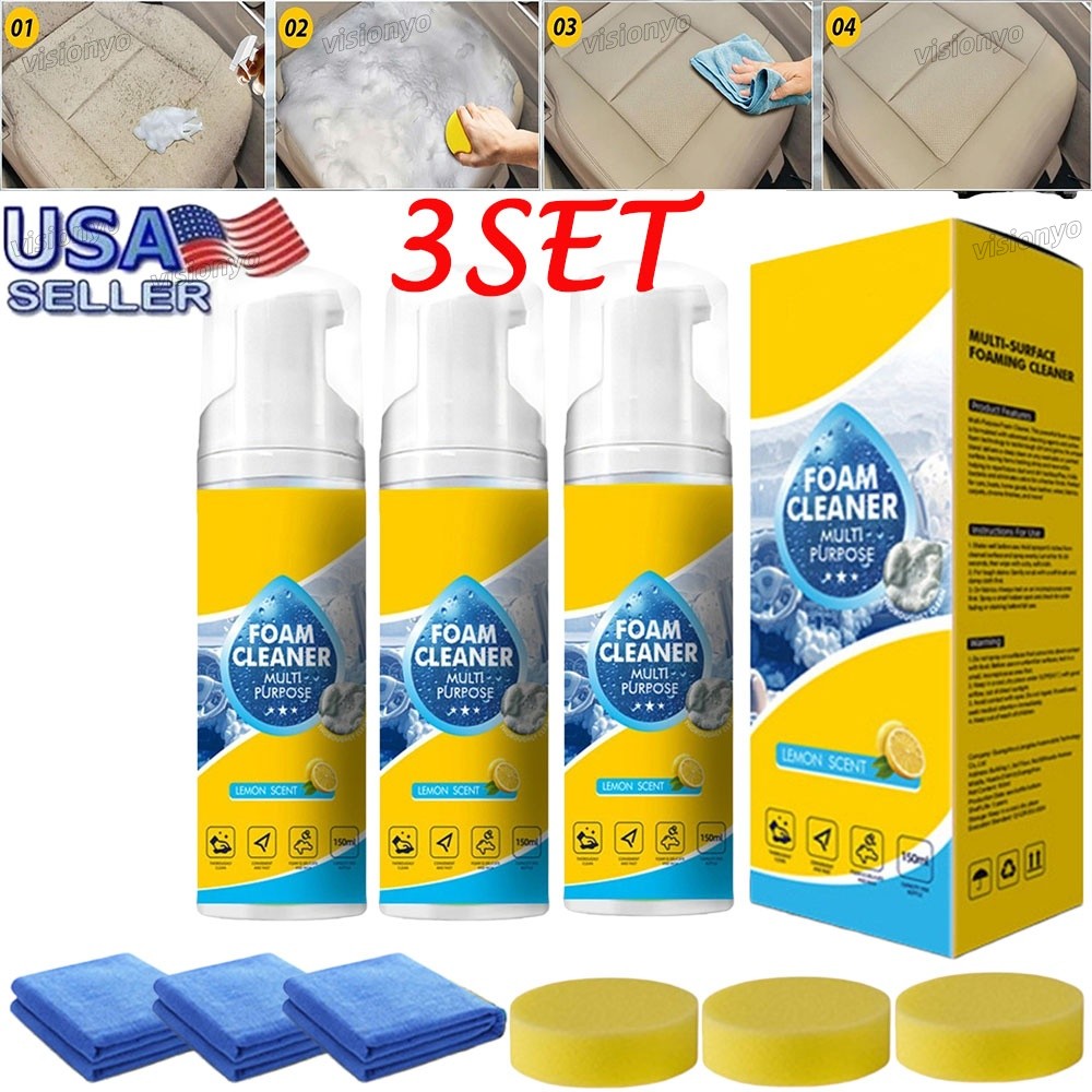 3SET 4-in-1 Multi-Enzyme Foam Cleaner, All-Purpose Spray 5oz with Sponge & Towel