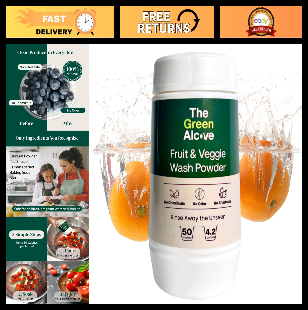 Fruit & Vegetable Wash Powder – Natural Produce Cleaner – Removes Dirt & Residue